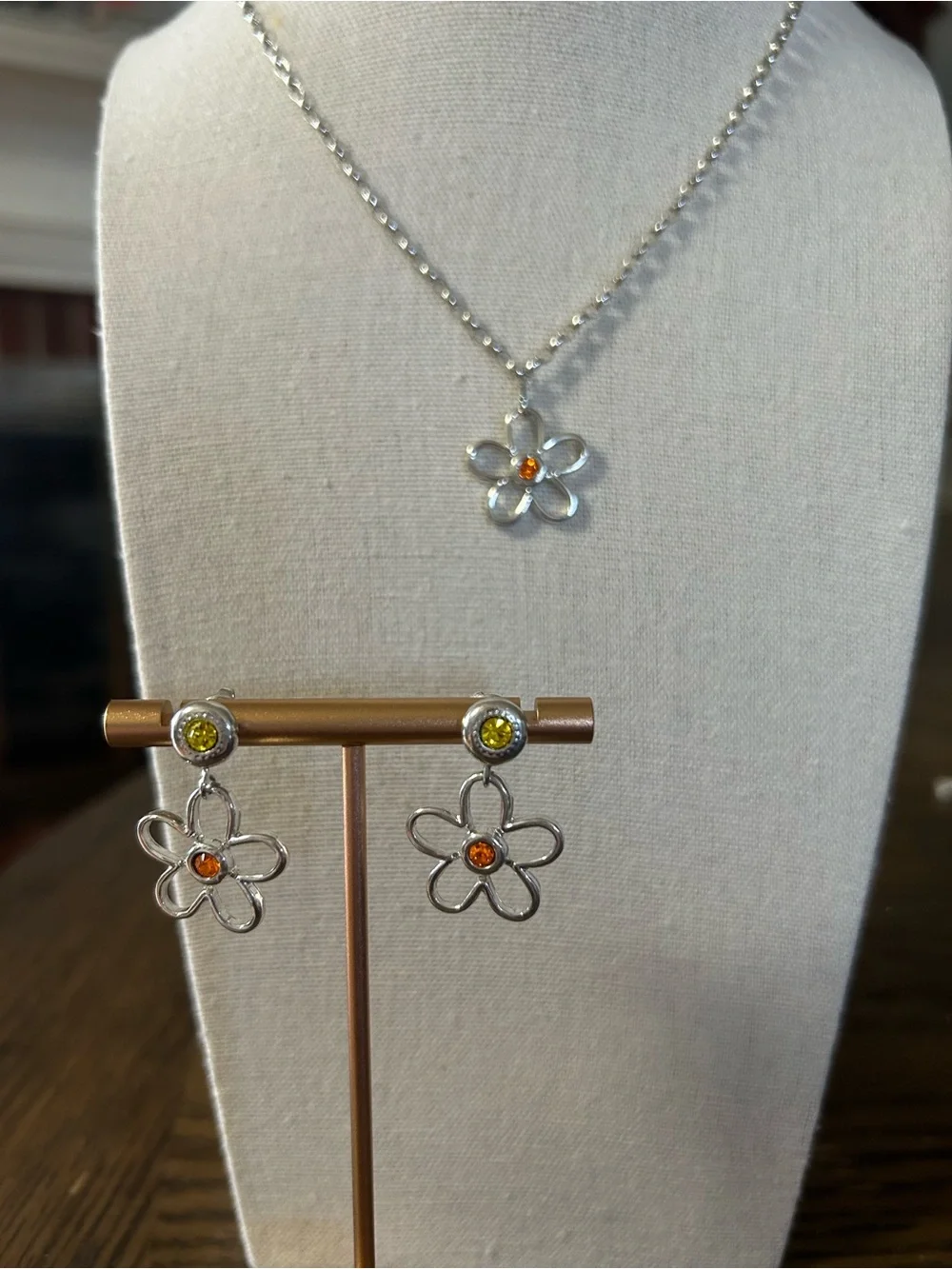 Sabika Jewelry Silver Flower Necklace and Earrings Set, Orange and Yellow Stones